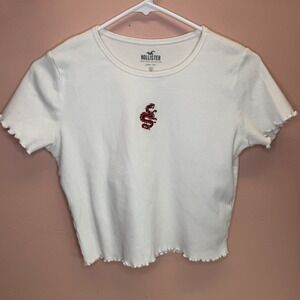 Hollister White Baby Tee Red Dragon Embroidery Ribbed Stretch Top‎ M Y2K Style